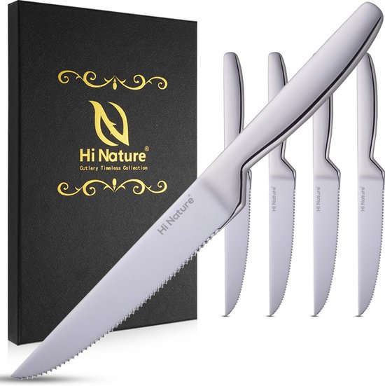 Couteaux à steak HI NATURE™ 4 pièces en acier inoxydable | Couteaux à viande, Set de couteaux, Couteaux de cuisine | Passe au lave-vaisselle - 22 cm - Argent