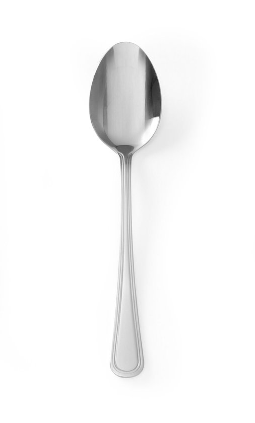 Cuillère de table argentée en acier inoxydable, finition polie, manche détaillé.