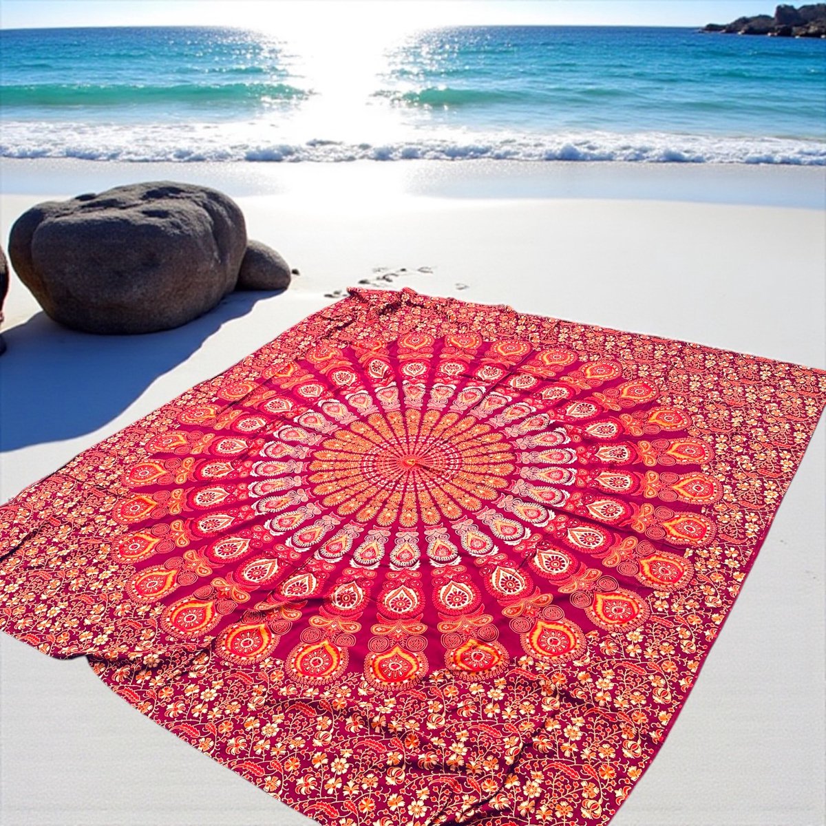 XL strandlaken - Tweepersoons strandkleed - duurzaam katoen - extra groot strandkleed - Mandala stranddoek - Rood/Oranje/Geel - Wandkleed - mandala print - Zomer sprei