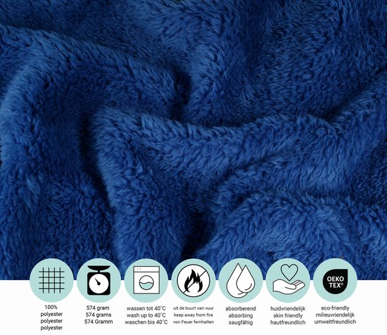 Iconen voor: 100% polyester, 574 gram, wassen tot 40°C, niet van vuur houden, absorberend, huidvriendelijk, milieuvriendelijk.