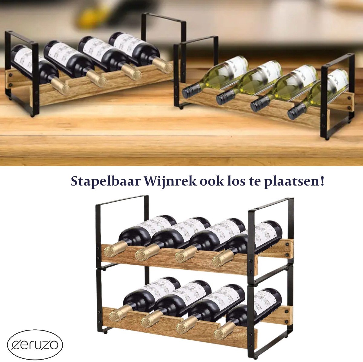 Ceruzo Wijnrek Stapelbaar – Wijnfleshouder Metaal Hout – 8 Flessen – Wijnopslag – 39.5x18x31 cm — cadeau in Wonen & Interieur - foto 3