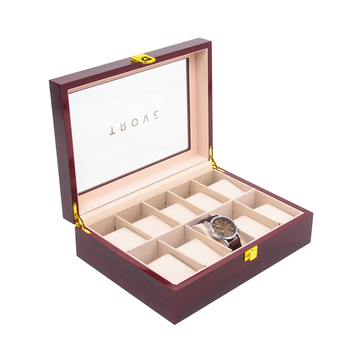 Trove Luxe Horloge Bewaardoos - Houten Opbergdoos rood met Goudaccenten Zachte Binnenkant - 10 Horloges (26,5×20×8 cm)