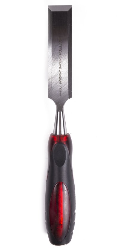 Beitel met een metalen lemmet en een zwart/rode handgreep. Tekst op lemmet: HOFFTECH CHROME VANADIUM 1" (25mm).