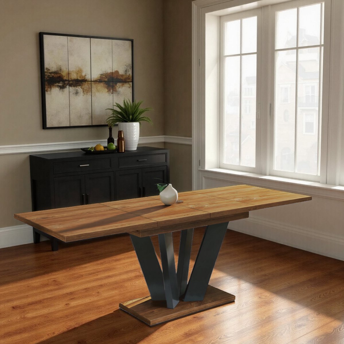 Rémuzat Uitschuifbare Eettafel – Industriële Eettafel 130-210 cm – Stirling Eiken met Zwart Frame – 6-8 Personen – Rechthoekig – Moderne Design Tafel ganeey
