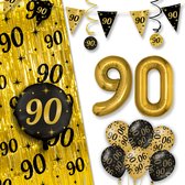LUQ – All-Out Glam Set 90 Jaar – Zwart-Goud Verjaardag Decor – Luxe Feestpakket Ballonnen-Slingers-Vlaggenlijn-Gordijn