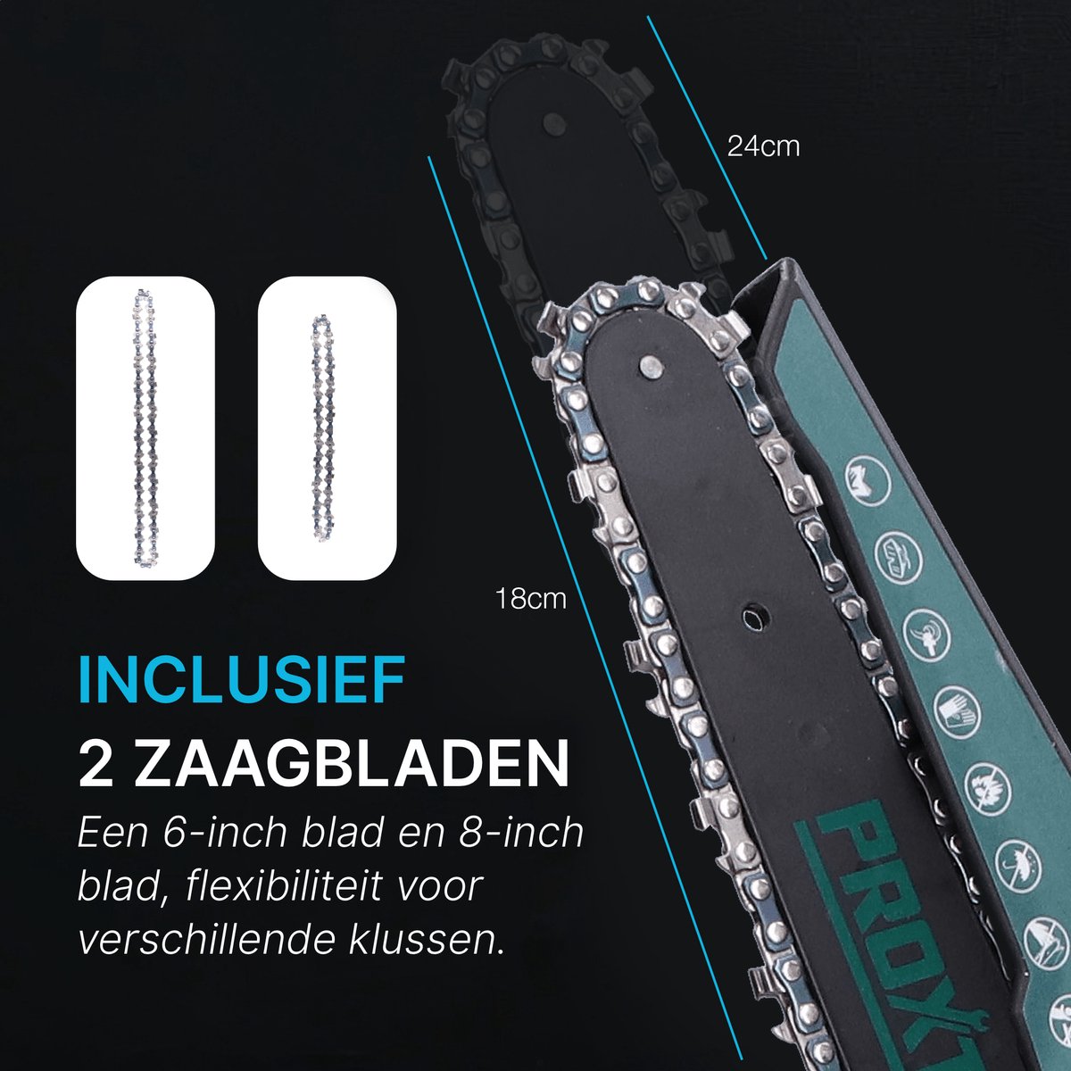 ProXtar Mini Kettingzaag + Telescopische Steel – Kettingzaag – Snoeizaag – Takkenzaag – Handzaag – 6 & 8 Inch Zaagblad – 2x 4000 mAh Accu – Inclusief Opbergkoffer & 6 Kettingen – Automatische Kettingsmering – Brushless thumbnail 6