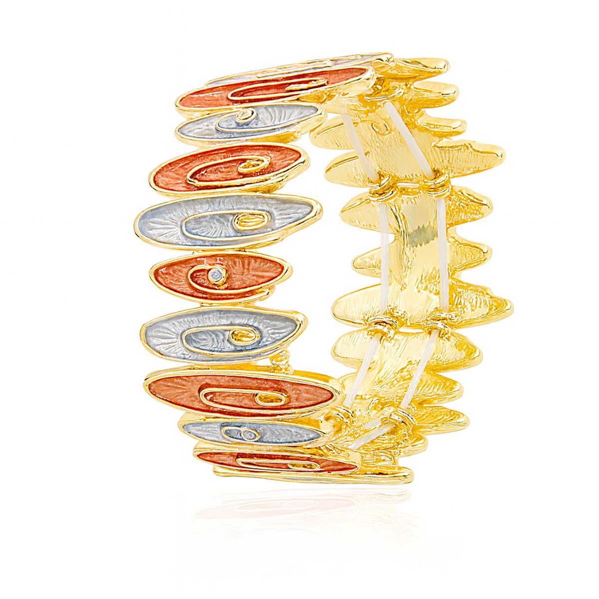 Gouden Elastische Armband met Spiralige Bloemvorm en Strass Steentjes in Rood, Blauw