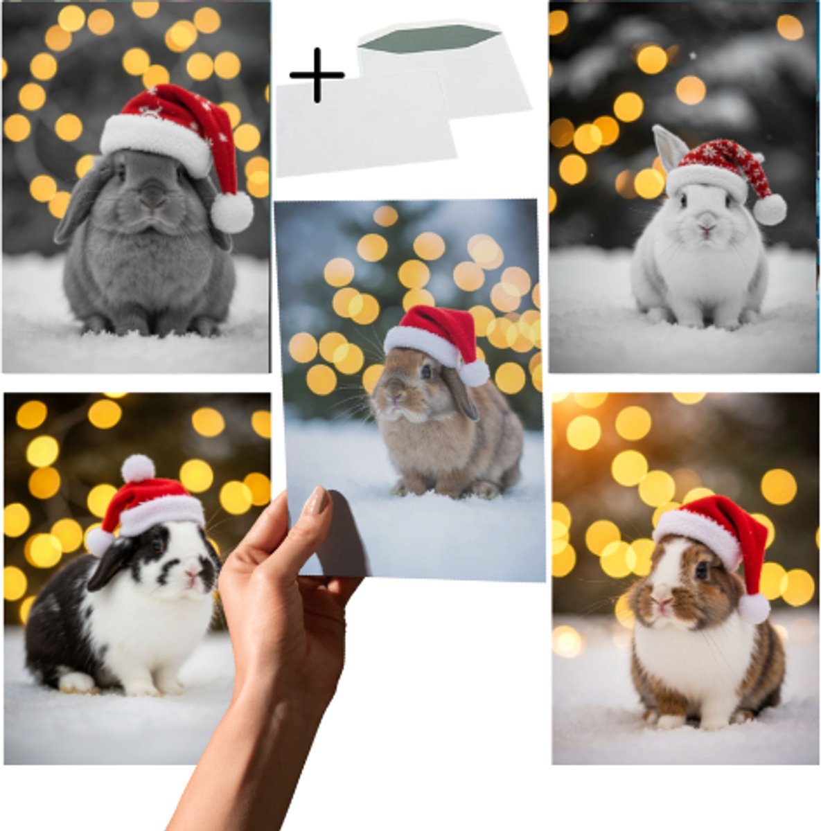 Grand X - Kerstkaart - Konijnen - 5 Kaarten - Inclusief Enveloppen - A6 Formaat - Kerstkaarten Met Enveloppen