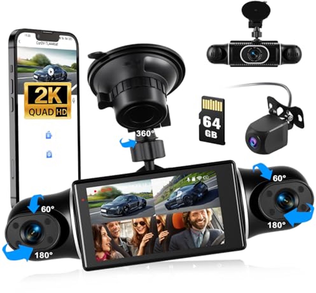 Mini-dashcam met 4 lenzen en 2K-resolutie voor voertuigen