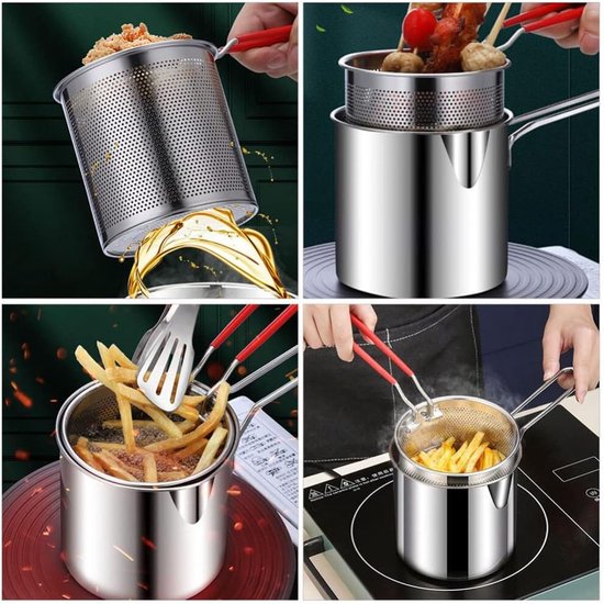 2-in-1 304 roestvrijstalen multifunctionele oliezeefpot, grote capaciteit oliefriteuse en filterbeker combo (1,2 l