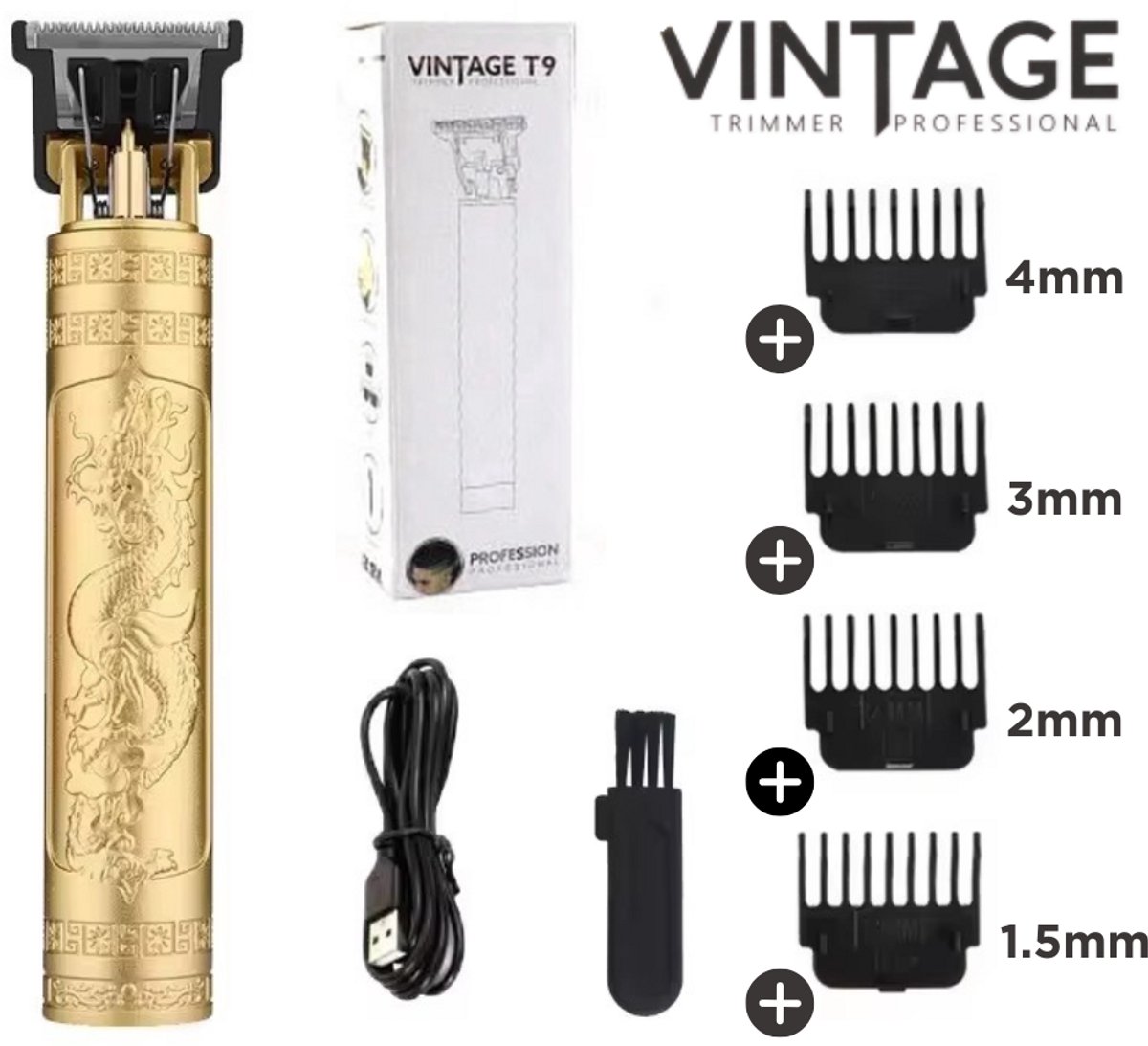 Vintage T9 Tondeuse - Draadloze T-Blade Tondeuse Mannen - USB - Inclusief oplader - Trimmer - Haarsnijmachine - Baardhaar trimmer - Goud - Hoofdhaar trimmer - Mannen - Fade - 4 Maten - Clips - Inclusief handleiding