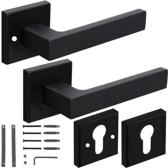 Ensemble de deux poignées de porte noires, deux rosaces, pièces de montage et clé Allen.