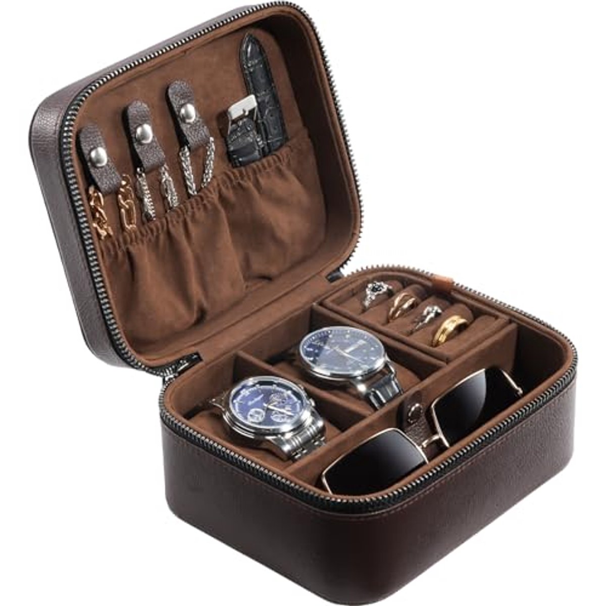 Reis Horloge Case met 2 Slots voor Horloge Accessoires - PU Leer Organizer met Rits voor Mannen - Bruin