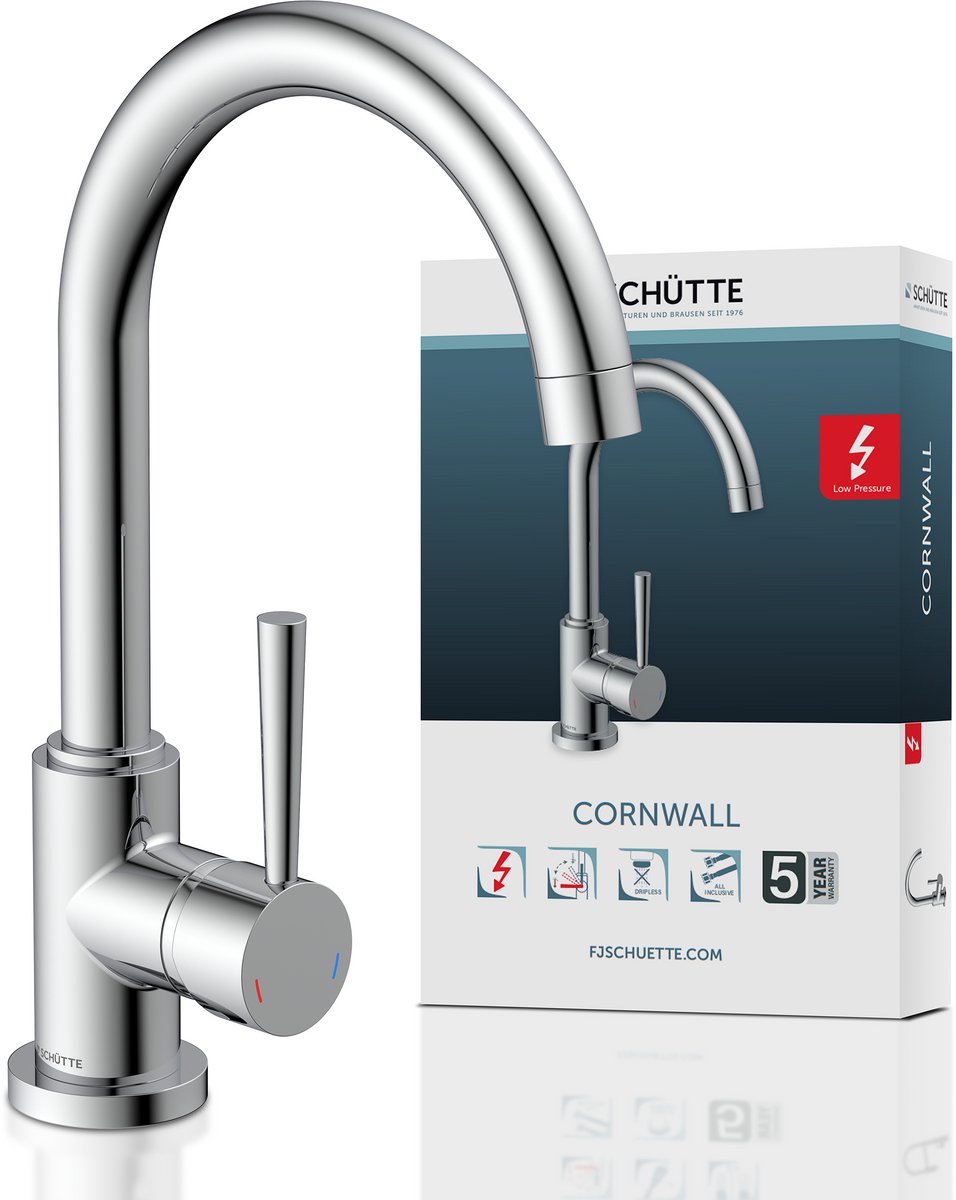 SCHÜTTE CORNWALL Design Keukenkraan Voor Waterverwarmer Met vrije Uitloop - Lage Druk - Mengkraan - Hoge, Draaibare Uitloop - Zijdelingse Greep - Chroom