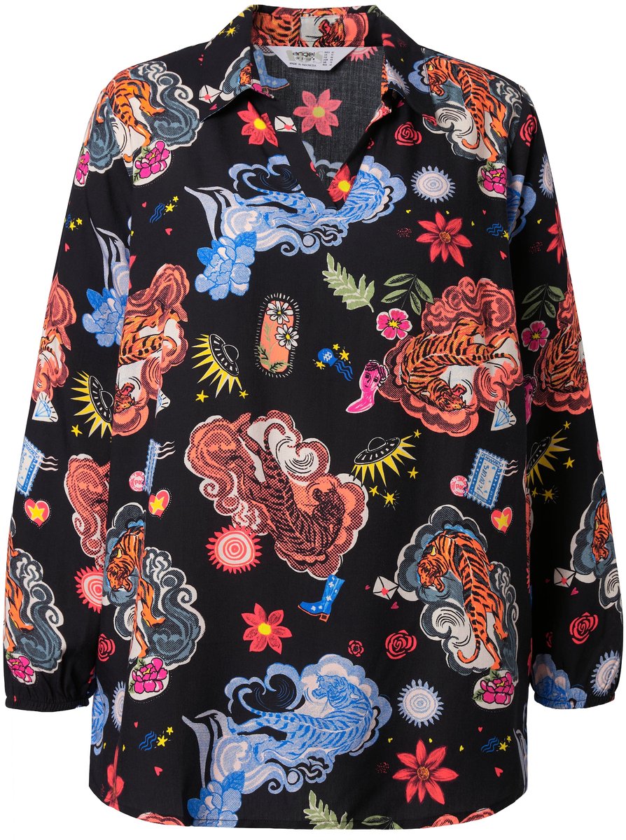 Angel of Style - Dames - Tuniek A-lijn comic-tijgermotief lange mouw - Zwart - Maat 48