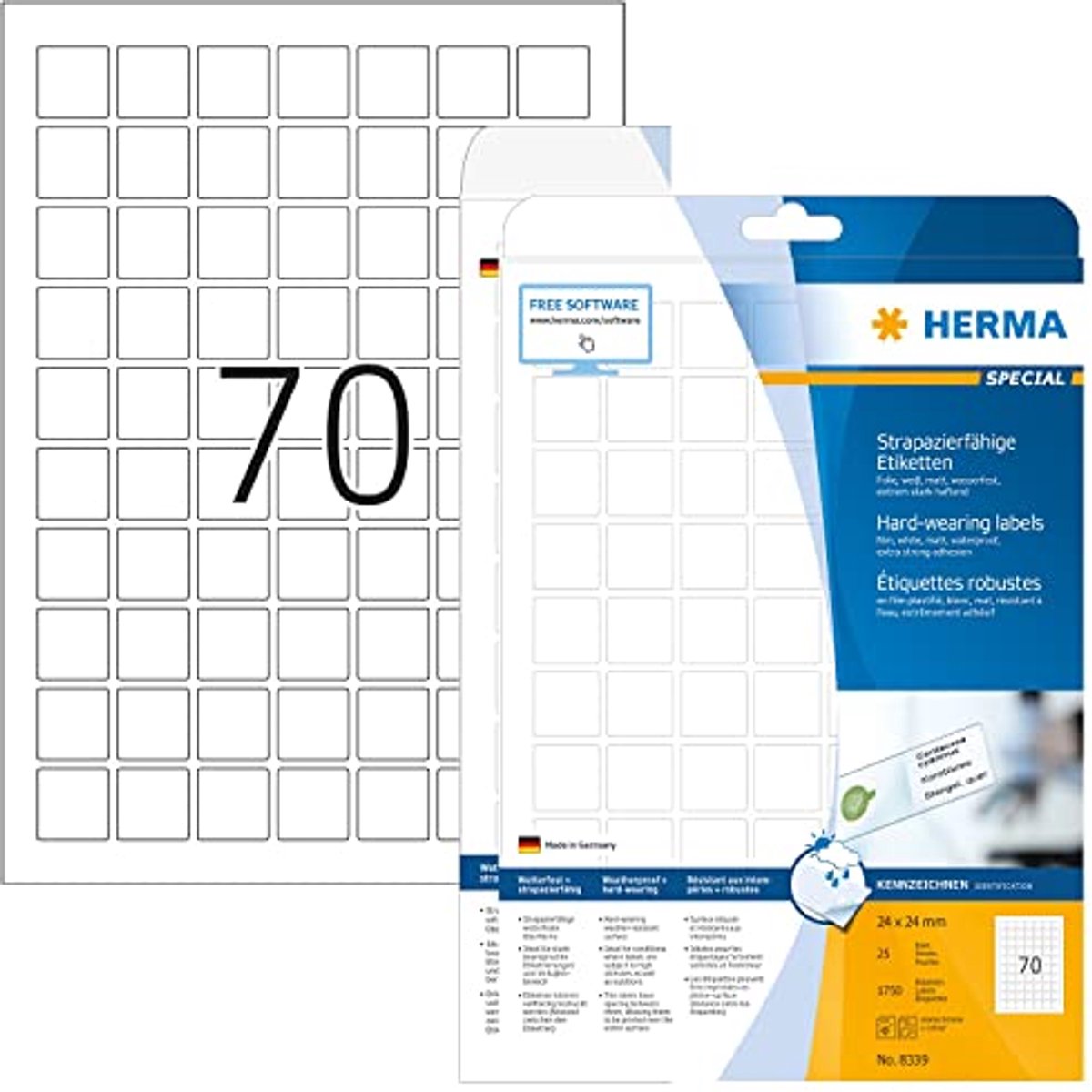 Weerbestendige folielabels A4 (24 x 24 mm, 25 vellen, zelfklevend, bedrukbaar) - 1.750 duurzame etiketten voor printer, wit