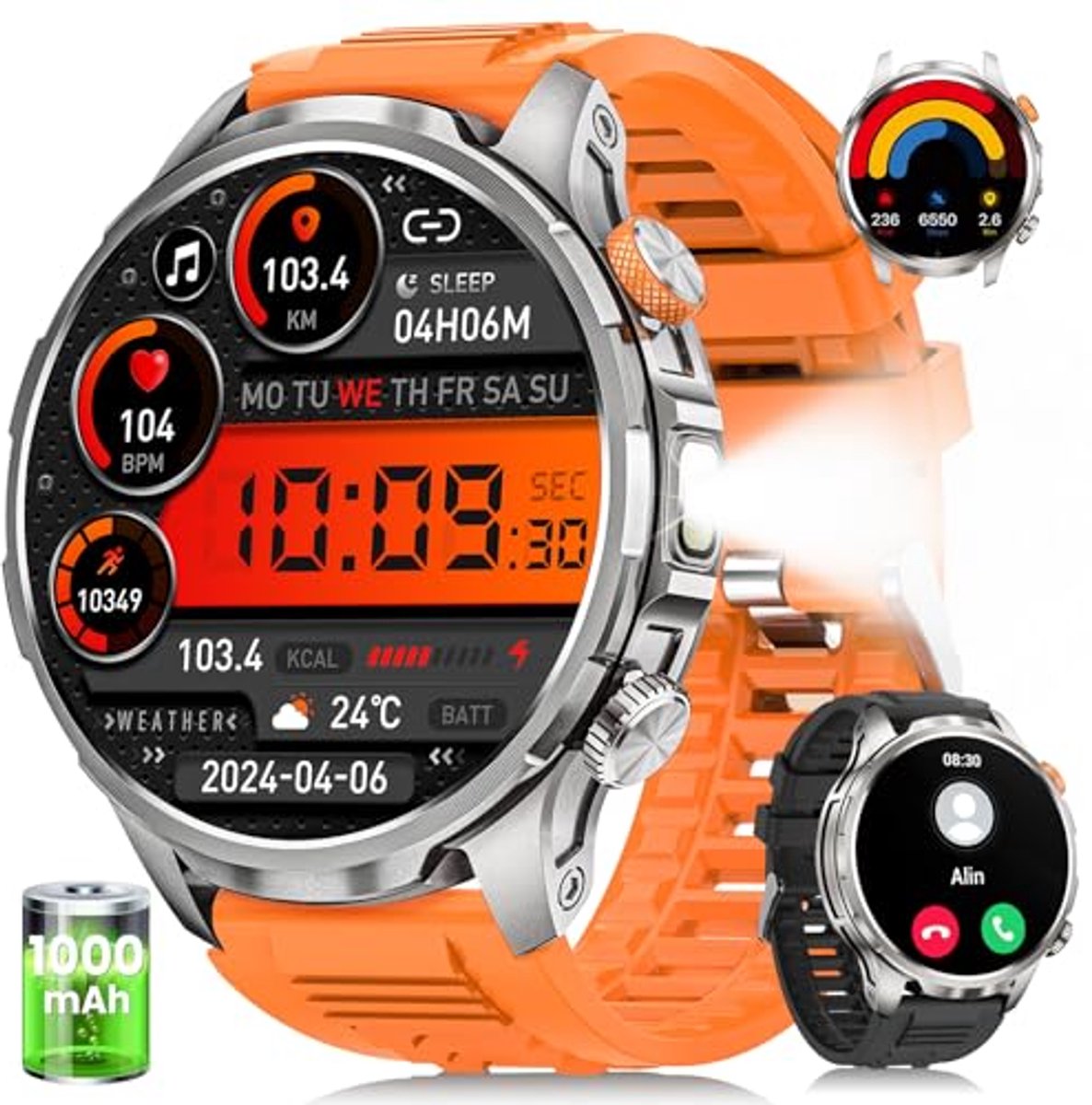 Militaire smartwatch voor heren met 1000 mAh accu, 113 sportmodi, 5 ATM waterdicht en telefoonfunctie