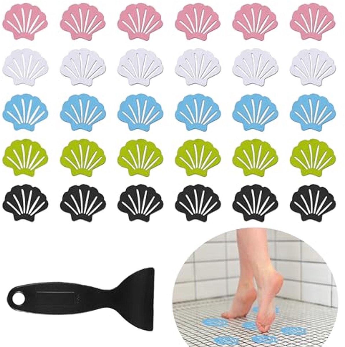 Antislip Badstrips - 30 Schelpvormige Stickers in 5 Kleuren voor Veiligheid in Badkamer, Toilet, en Keuken