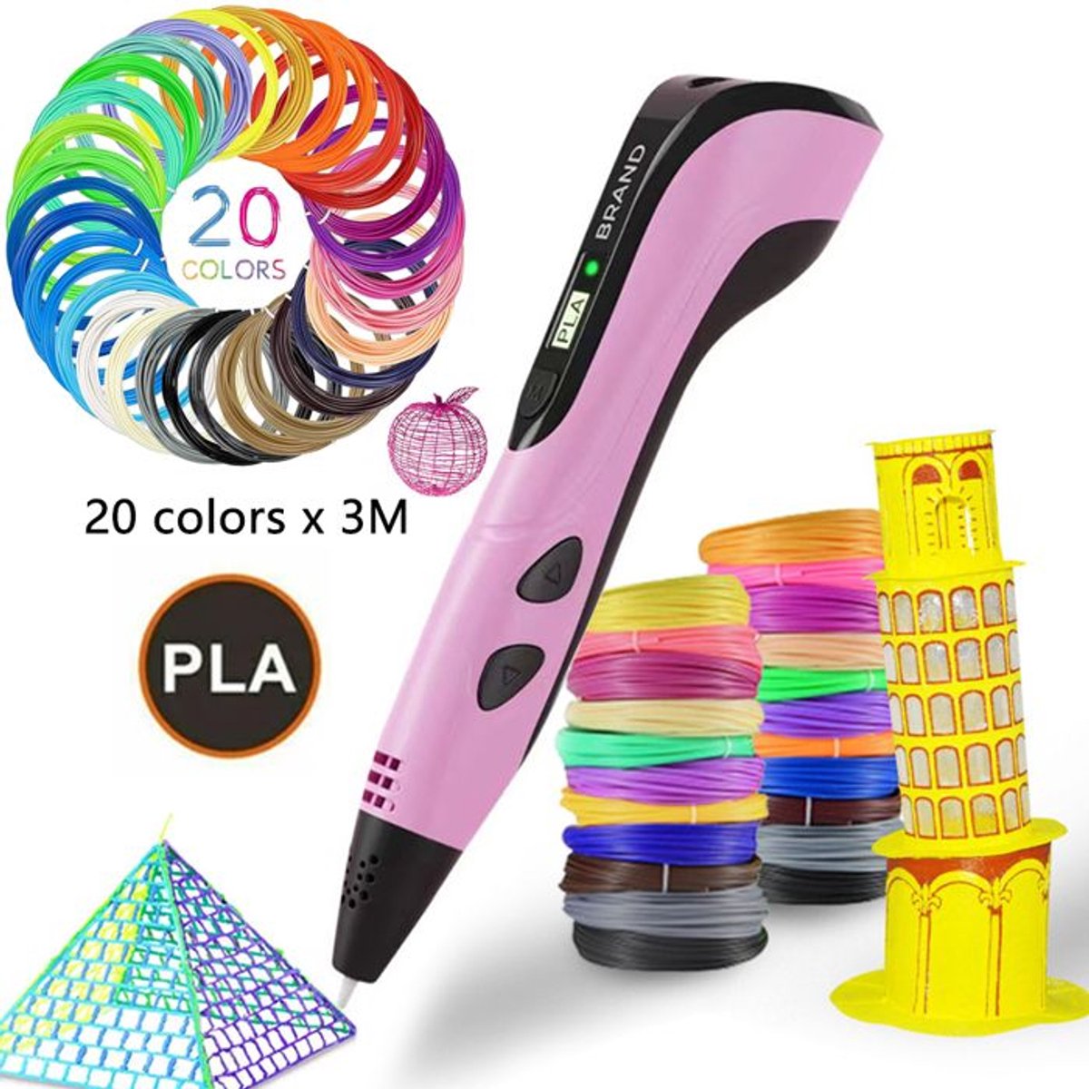 3D-pen voor kinderen met LCD-scherm, 20 kleuren x 3Mfilament, DIY educatieve 3D-graffitischildering - roze