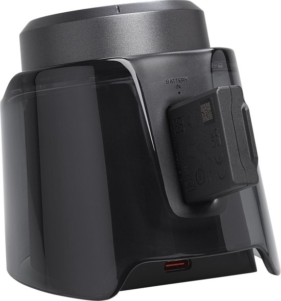 Transparante oplader voor headset met USB-C poort en een batterijcompartiment.