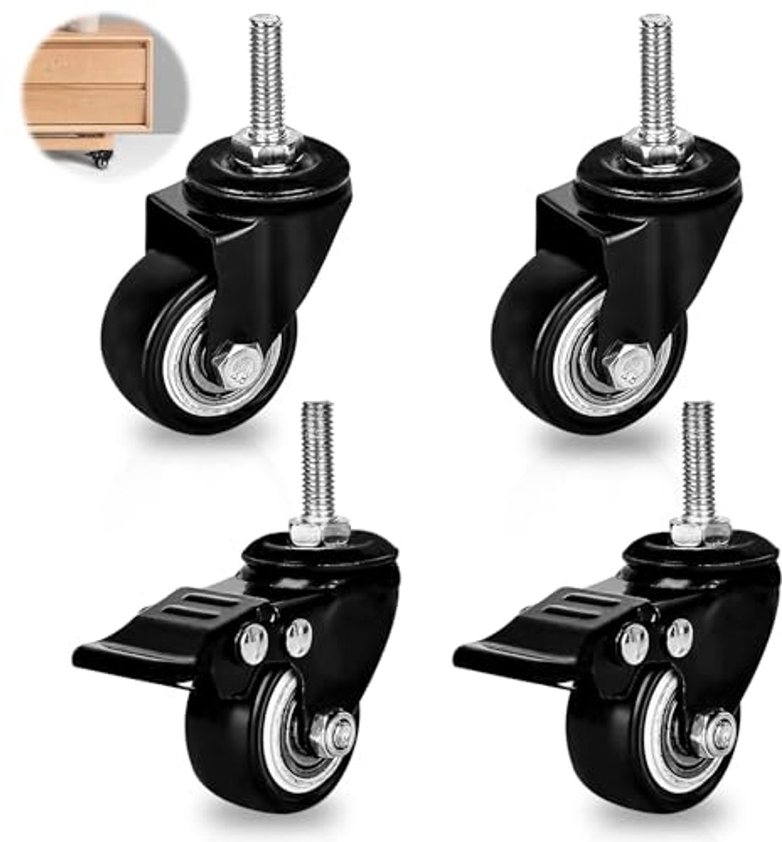 Stille meubelwielen set van 4 - zwenkwielen met en zonder rem voor zware lasten - perfect voor meubels en apparaten