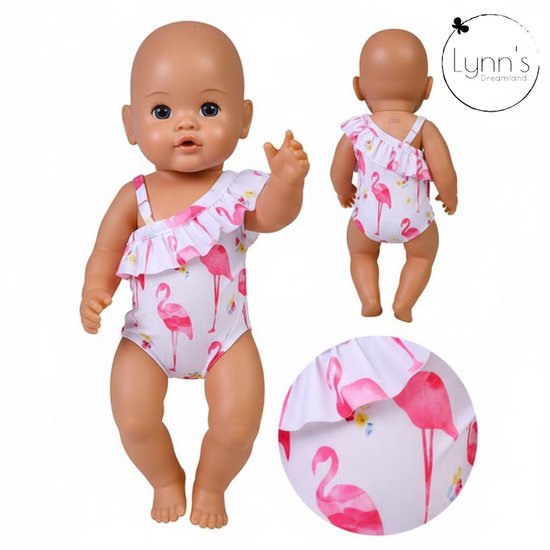 Lynn’s poppenkleertjes – roze flamingo badpak – 43cm