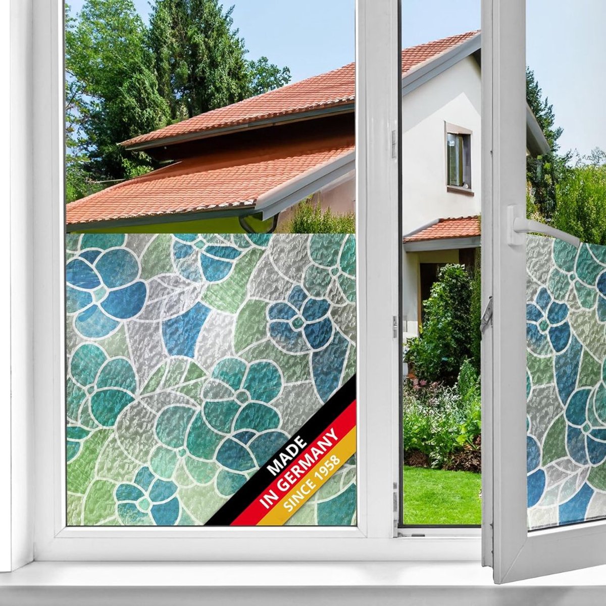 Raamfolie Anti Inkijk - Zelfklevend - Badkamer - Blauw met Groen