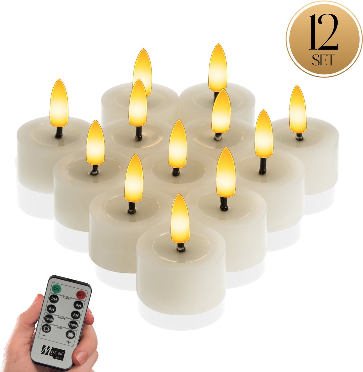 Meisterhome® LED-theelichten 12-delige set Ivory - vlamloze LED kaarsen - flikkerend licht – LED waxinelichtjes – Ø 4,5 cm, hoogte 2,5 cm – echte wax – met timer & afstandsbediening – werkt op batterijen – warm wit licht