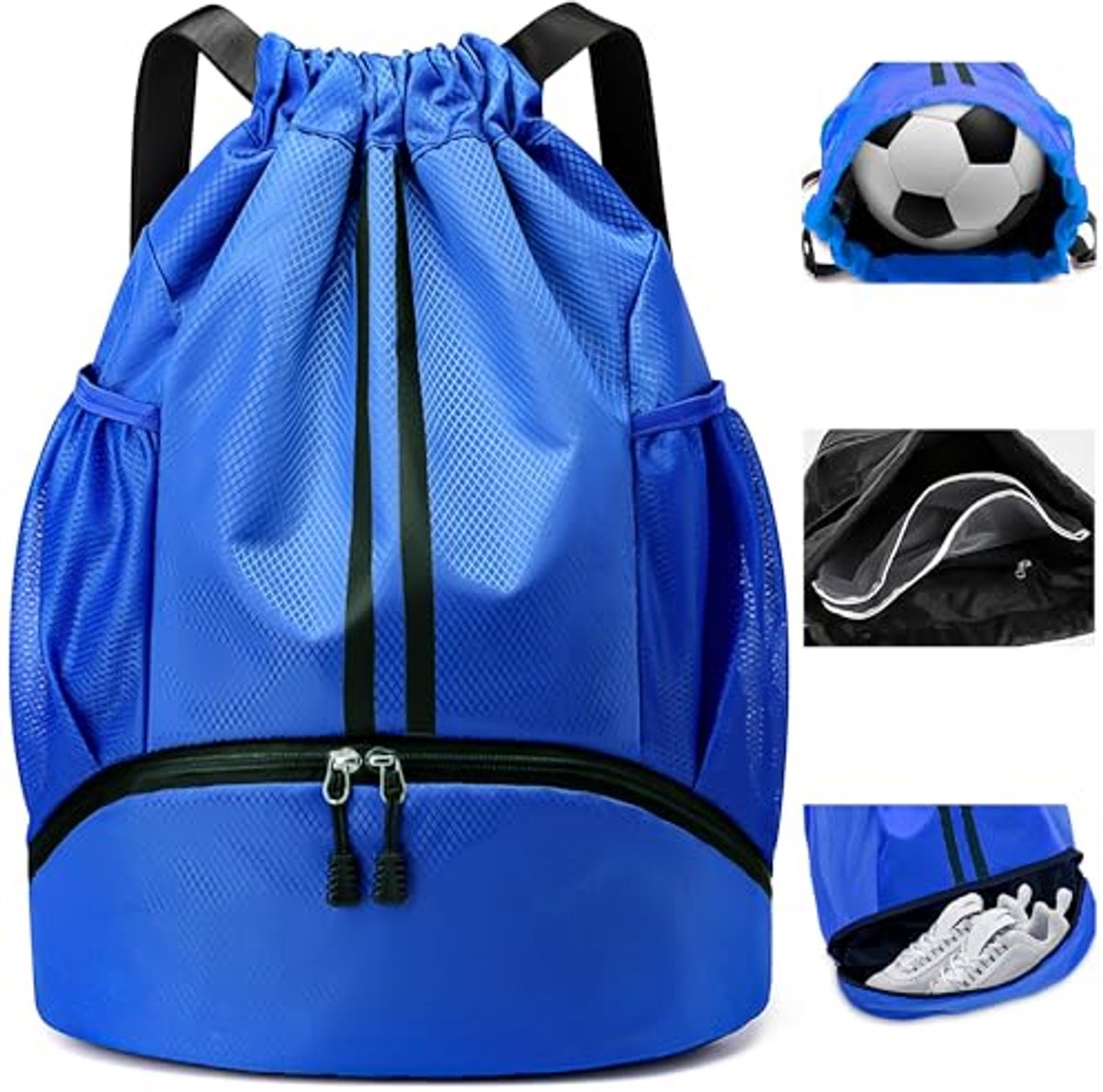 Waterproof Drawstring Sports Bag with Shoe and Wet Compartments - Adjustable Gym Sack for Travel and School