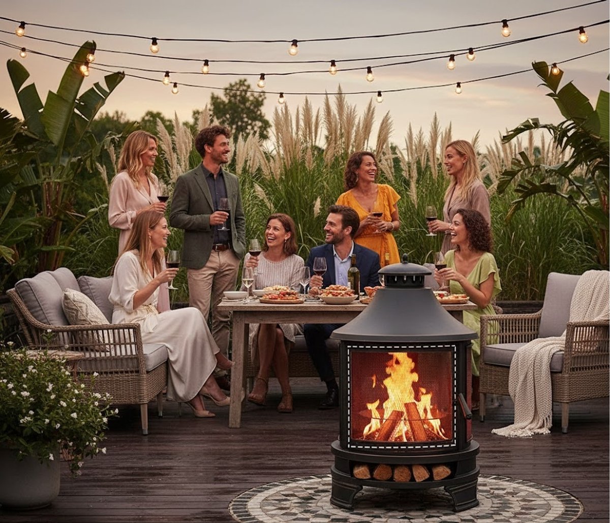 Cast Iron Outdoor Chiminea Fire Pit “LuxeFlame 360” – Wood Burning Patio Fireplace with Adjustable BBQ Grill, 360° Mesh Safety Cover & Chimney | Garden Heater & Outdoor Cooking Firepit (Ø76 cm, Height 124 cm) by HomeByNicole