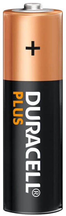 Duracell Plus AA batterij. Koperkleurige bovenzijde met plusaanduiding, zwarte behuizing met Duracell Plus logo.