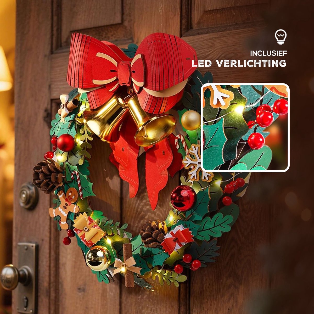 DIY Houten Kerstkrans met LED Verlichting – 252 Onderdelen – 40 cm – Bouwpakket – foto 8