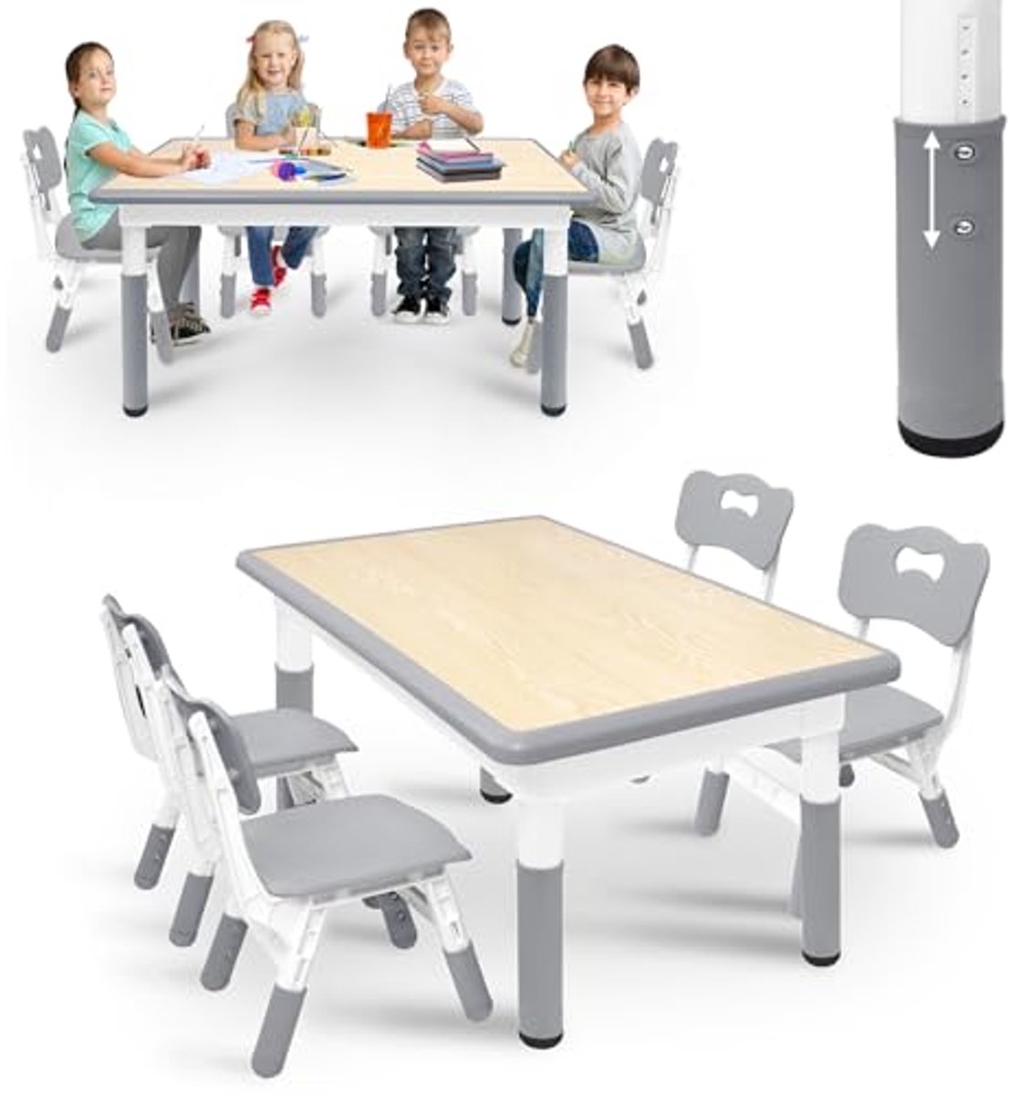 Verstelbare Kindertafel met 4 Stoelen - Kindermeubilair voor Kamer, Dagverblijf en Klaslokaal