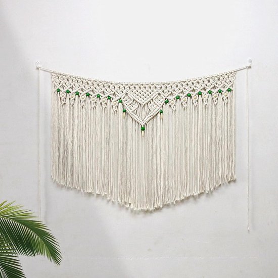 Groot macramé wandkleed met houten kralen, 100 x 65 cm, macramé wandtapijt, boho, geweven tapijt, slaapkamer, gordijn, franjes, slinger, banner woonkamer