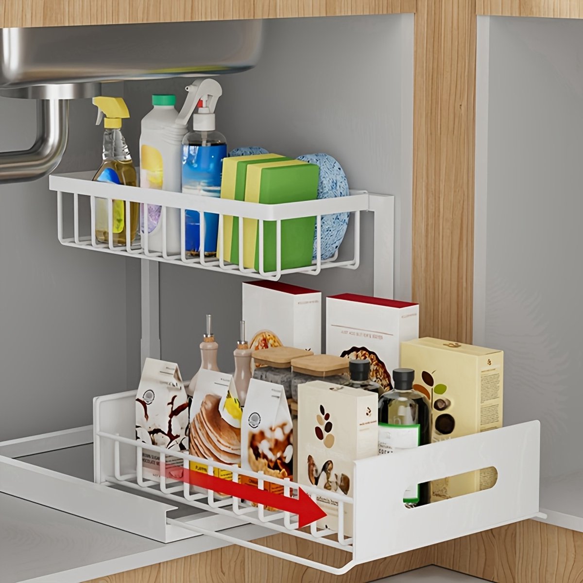 Keukenkast Organizer - Gootsteenkast Organizer - Uitschuifbare lade - Antislip - Aanrecht Organiser - Keuken Organizers - Badkamer organizer - Gootsteenkast - Wit