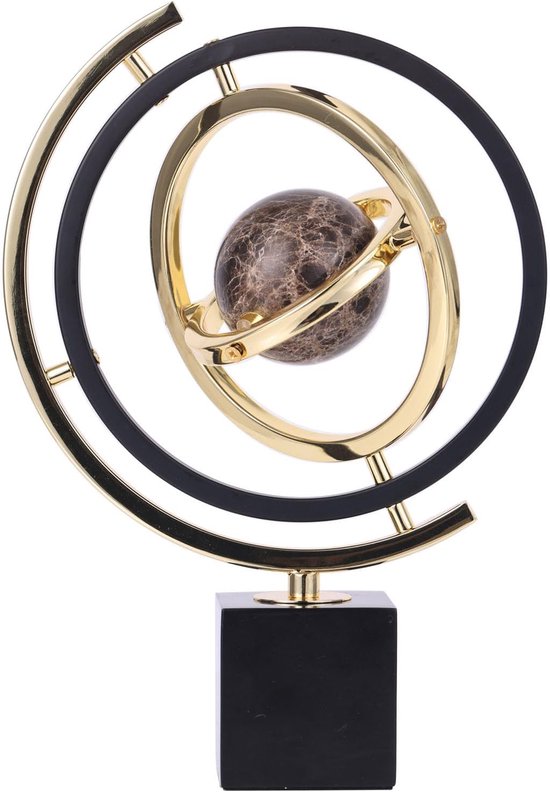 Moderne marmeren bol sculptuur - Zwart metalen basis met gouden bol decoratie - Kunstzinnige tafeldecoratie voor interieur - Stijlvol design voor woonkamer of entree
