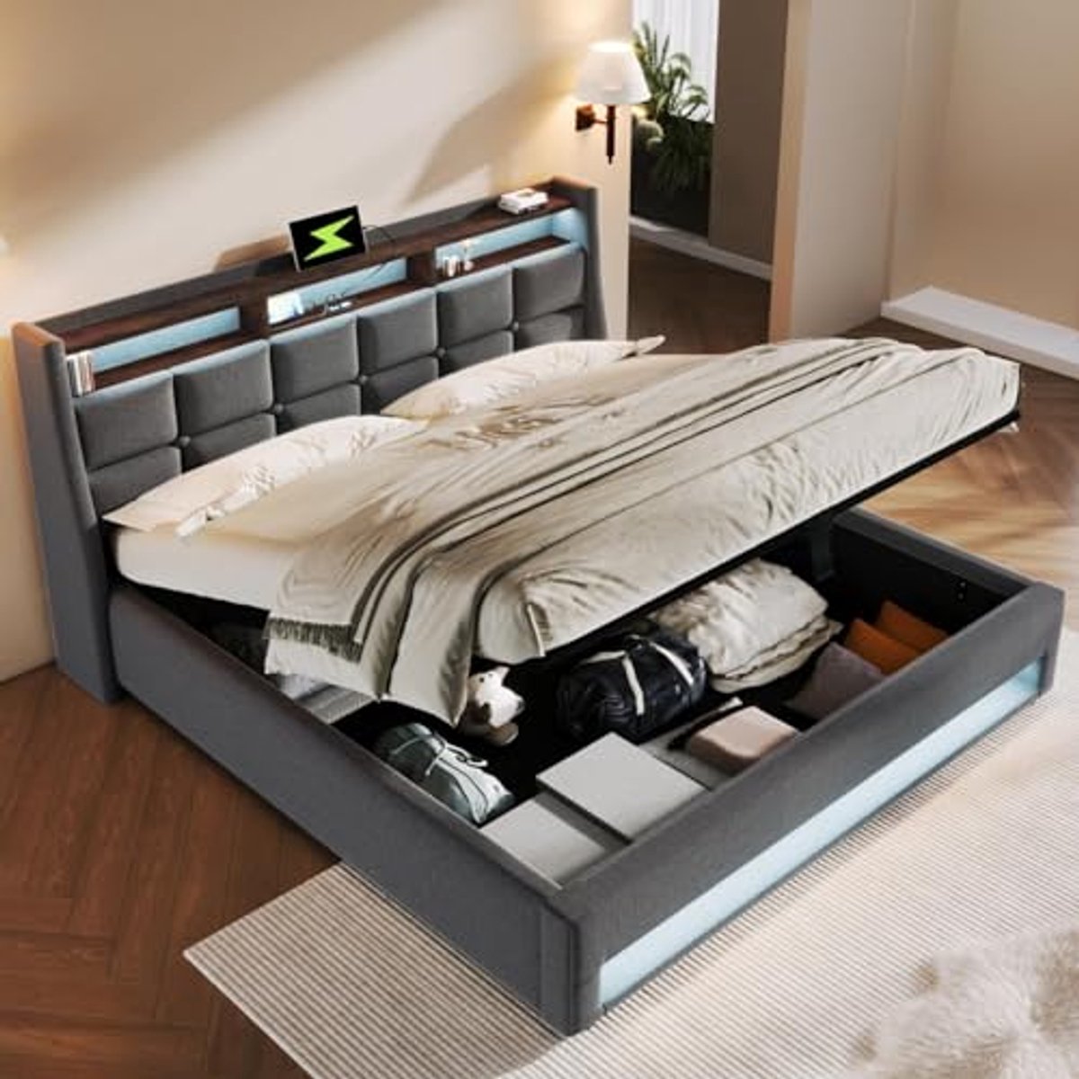 Gestoffeerd bed 140 x 200 cm met USB en opbergfunctie - led-bedframe van metaal met lattenbodom in grijs