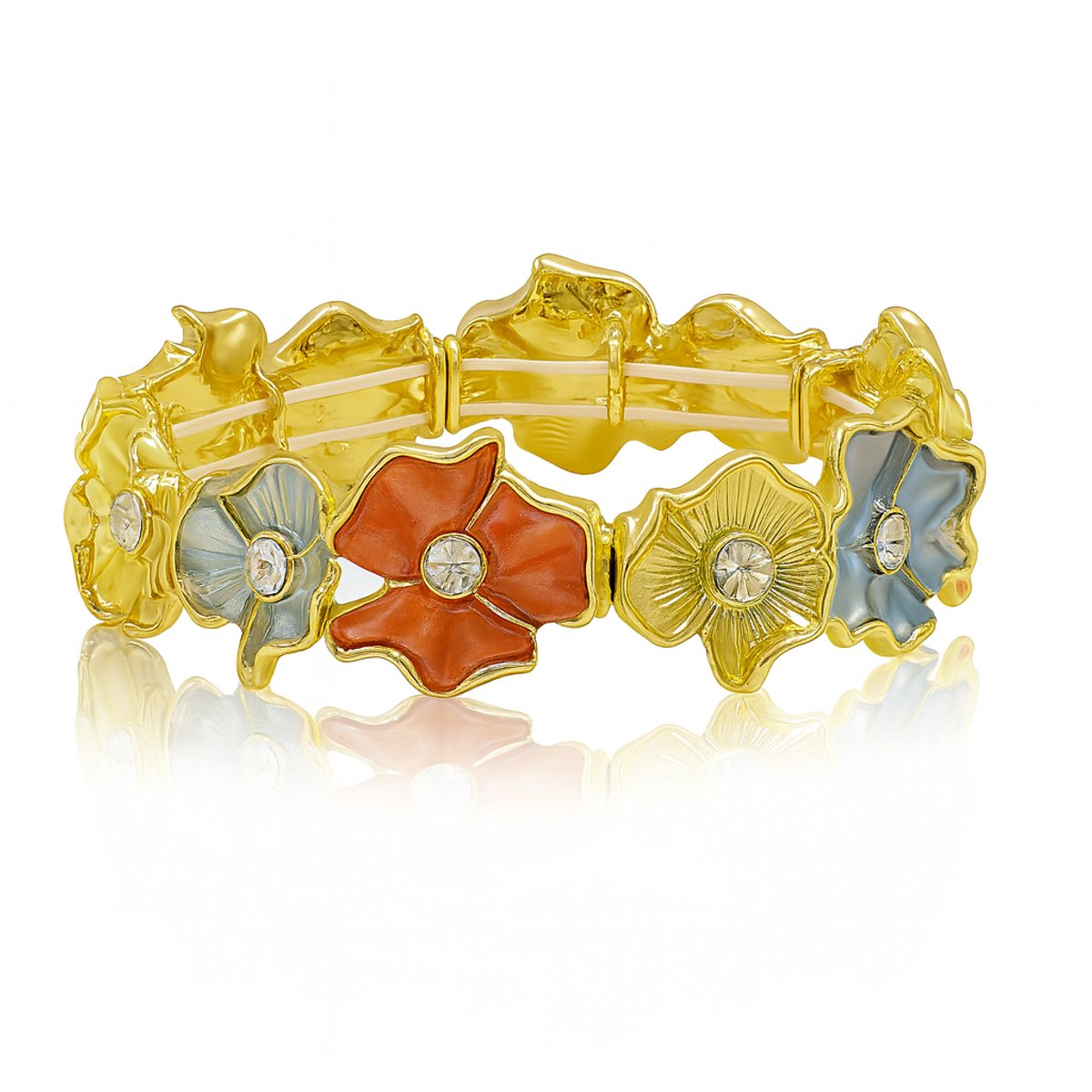 Elastische Armband met Rode, Blauwe en Gouden Bloemen – Milieuvriendelijke Legering met Kristalaccenten