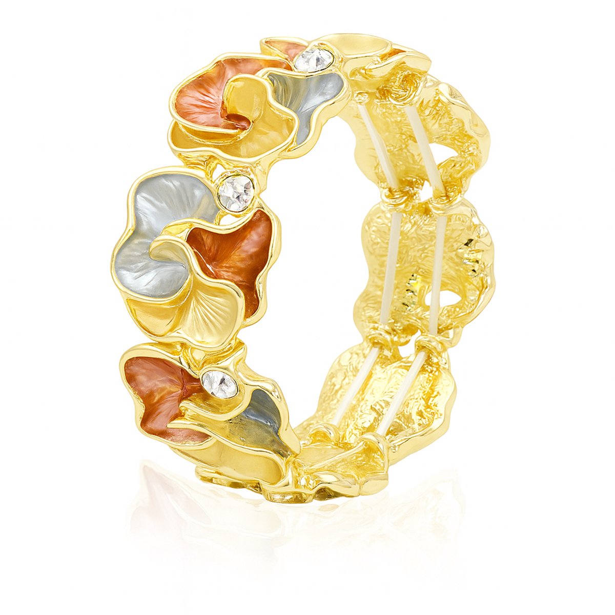 Damesarmband Bloemvorm met Ingelegde Stenen – Rood Blauw Goud Elastisch Design
