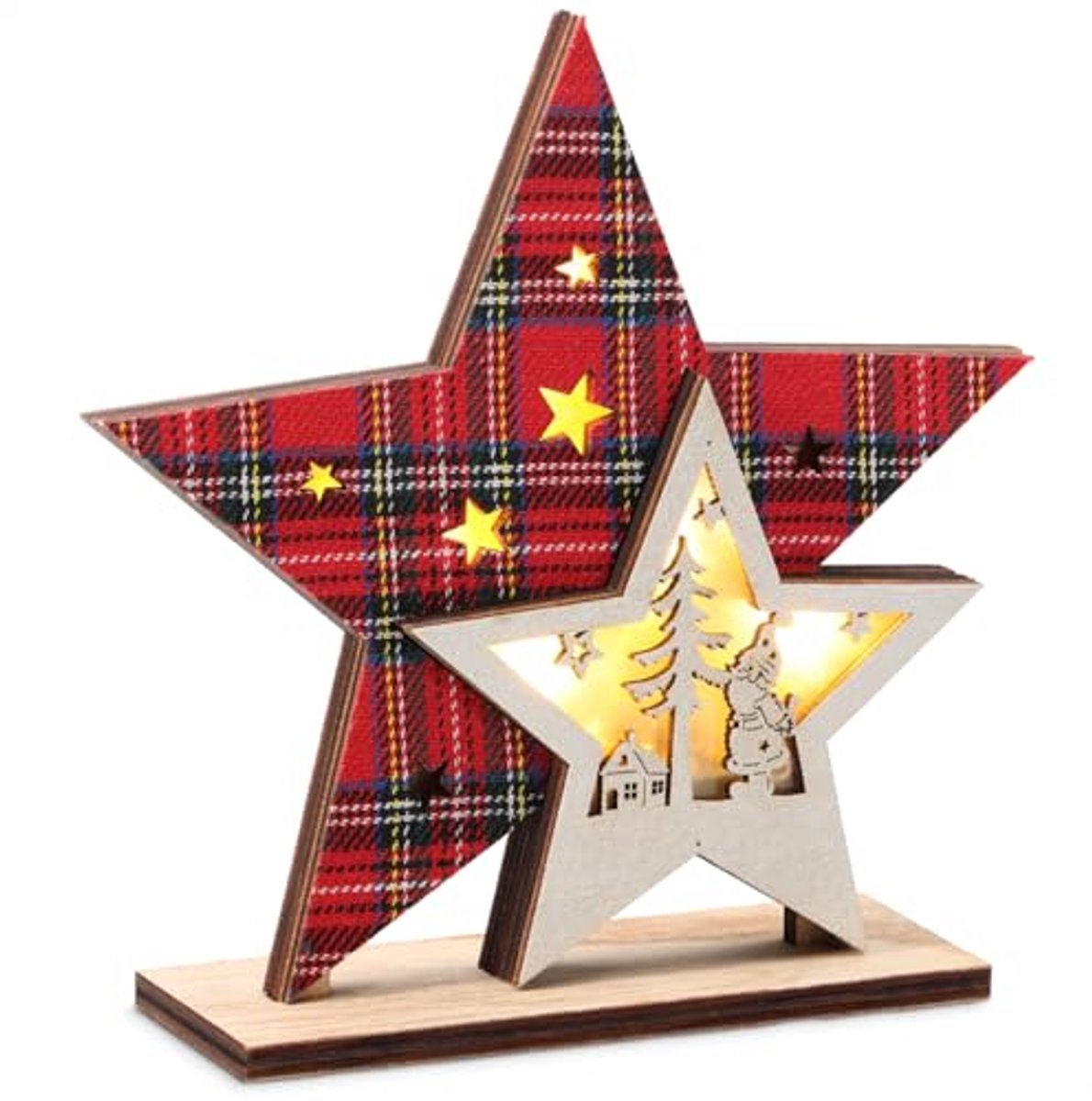 Moderne houten kerstster met energiezuinige LED-verlichting voor feestelijke sfeer.