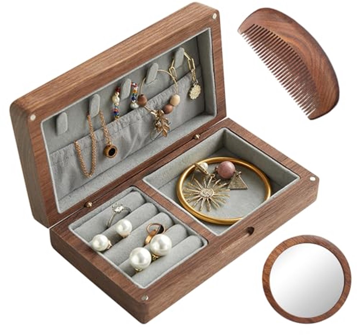 Set van 3 houten sieradenorganizers met spiegel en kam voor dames