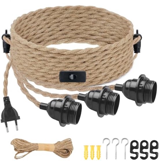 Henneptouw hanglamp set met E27 stekker, vintage kabel met schakelaar, 3 lampen, retro doe-het-zelf eetkamer