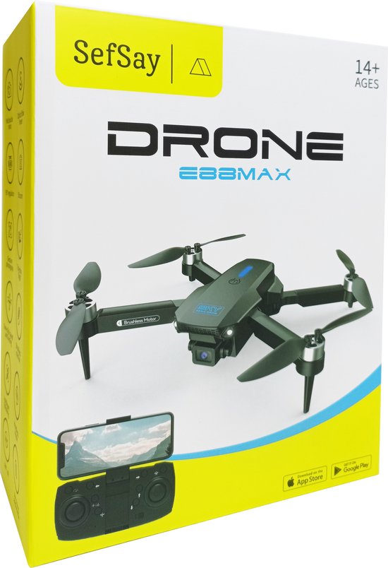 Doos van SefSay drone E88MAX, met afbeelding van de zwarte drone en controller. "DRONE E88MAX"