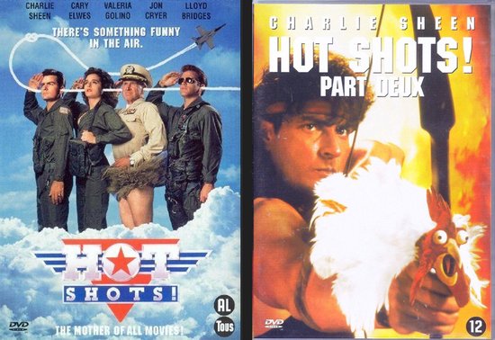 Poster van Hot Shots! met Charlie Sheen, Cary Elwes, Valeria Golino, Jon Cryer, Lloyd Bridges in legeruniformen, vliegend in de lucht. Tekst: 'There's something funny in the air.'