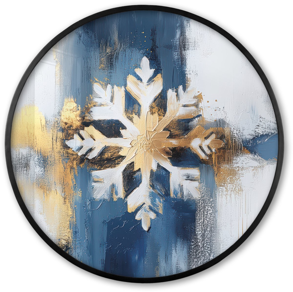 FrameYourWall Poster in lijst Rond - Fotolijst 60x60 cm - Posters - Abstract - Winter - Sneeuwvlok - Sneeuw - Goud - Ronde posterlijst zwart - Decoratie - Wanddecoratie woonkamer - Muurdecoratie slaapkamer