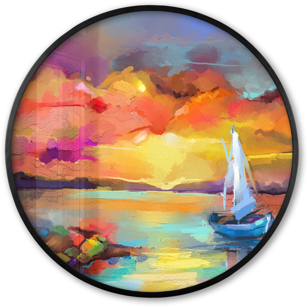 FrameYourWall Poster in lijst Rond - Fotolijst 80x80 cm - Posters - Schilderij - Olieverf - Boot - Kleuren - Ronde posterlijst zwart - Decoratie - Wanddecoratie woonkamer - Muurdecoratie slaapkamer Kleurrijk - Boot