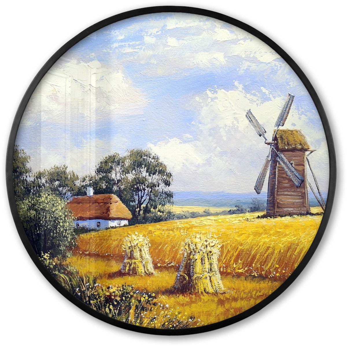FrameYourWall Poster in lijst Rond - Fotolijst 60x60 cm - Posters - Schilderij - Boerderij - Molen - Olieverf - Ronde posterlijst zwart - Decoratie - Wanddecoratie woonkamer - Muurdecoratie slaapkamer Multicolor