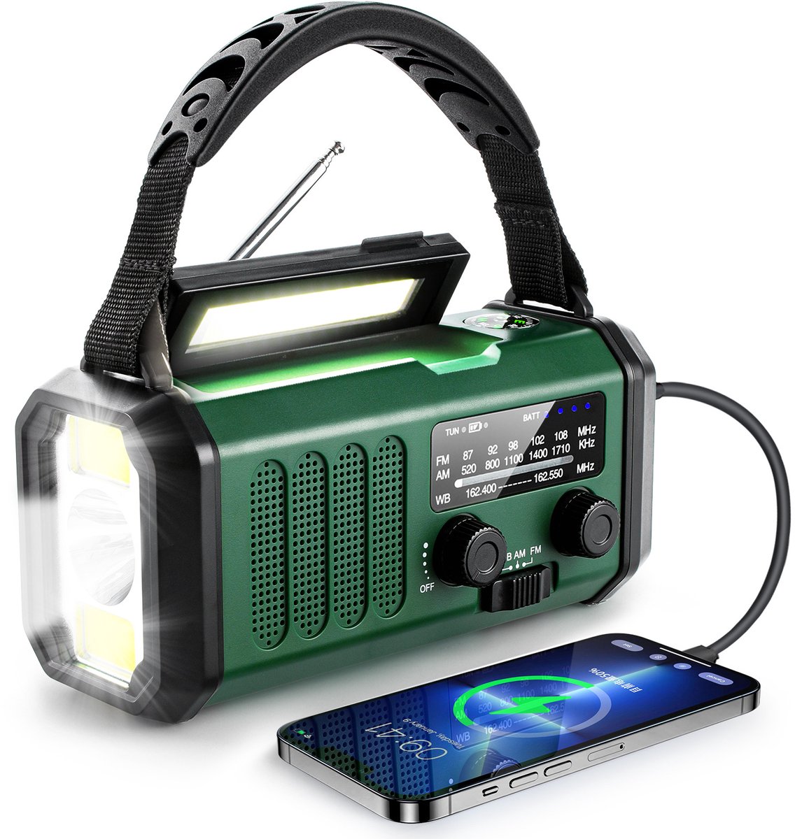 Zonne-energie handgenerator - Noodradio - radio - noodradio solar opwindbaar - Multifunctionele zaklamp - Radio-powerbank - SOS-alarm - Legergroen