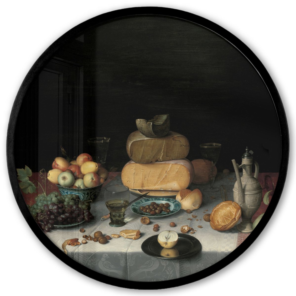 FrameYourWall Poster in lijst Rond - Fotolijst 40x40 cm - Posters - Stilleven met kazen - Kunstwerk - Oude meesters - Ronde posterlijst zwart - Decoratie - Wanddecoratie woonkamer - Muurdecoratie slaapkamer Multicolor