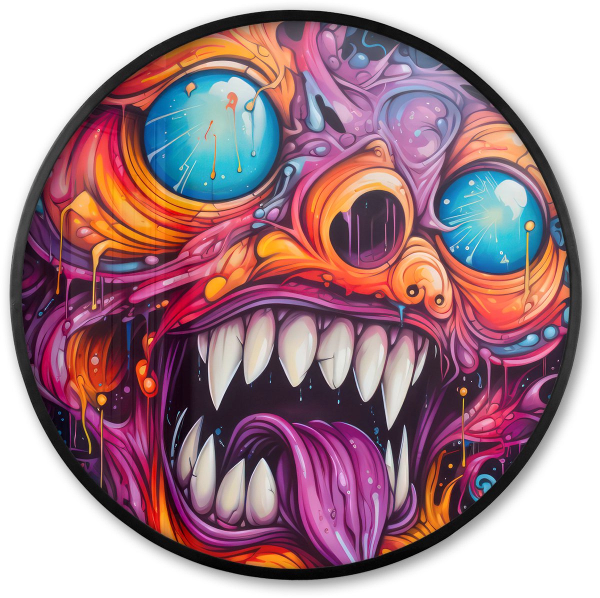 FrameYourWall Poster in lijst Rond - Fotolijst 60x60 cm - Posters - Monster - Graffiti - Kleuren - Oranje - Ronde posterlijst zwart - Decoratie - Wanddecoratie woonkamer - Muurdecoratie slaapkamer Monster - Kleuren